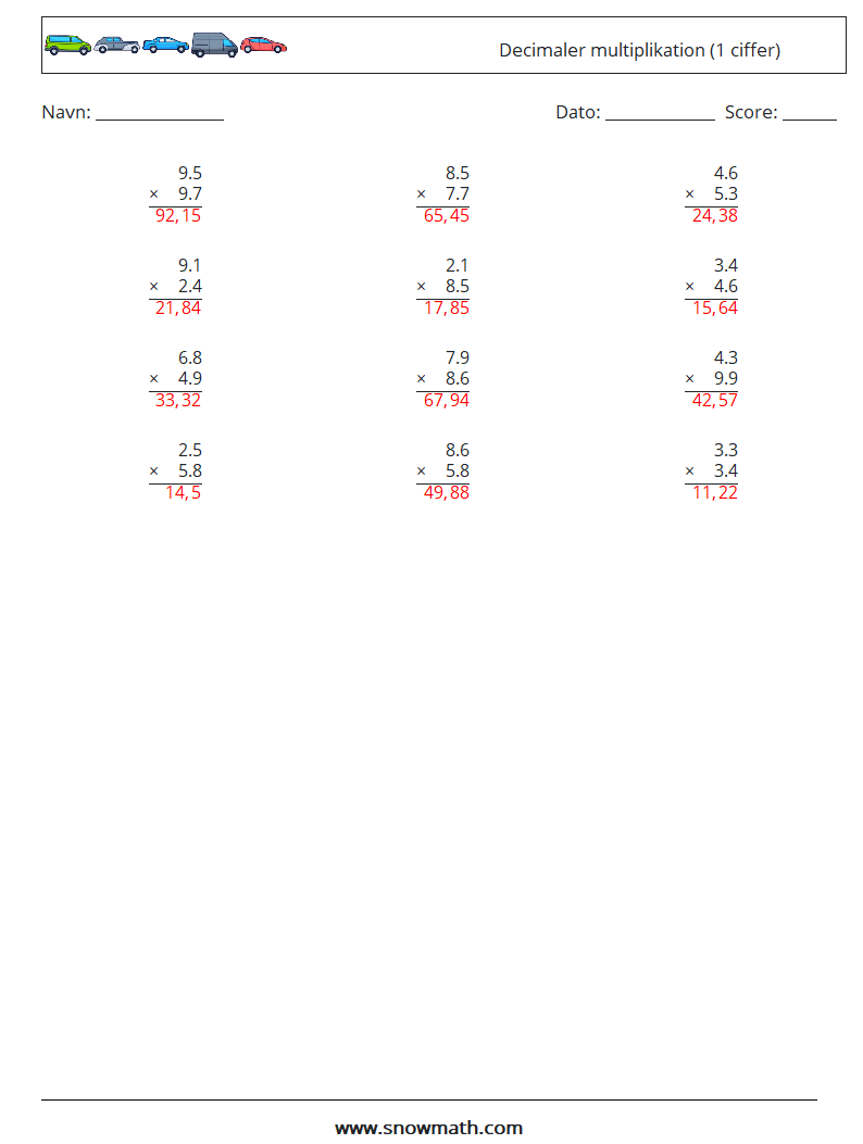 (12) Decimaler multiplikation (1 ciffer) Matematiske regneark 3 Spørgsmål, svar