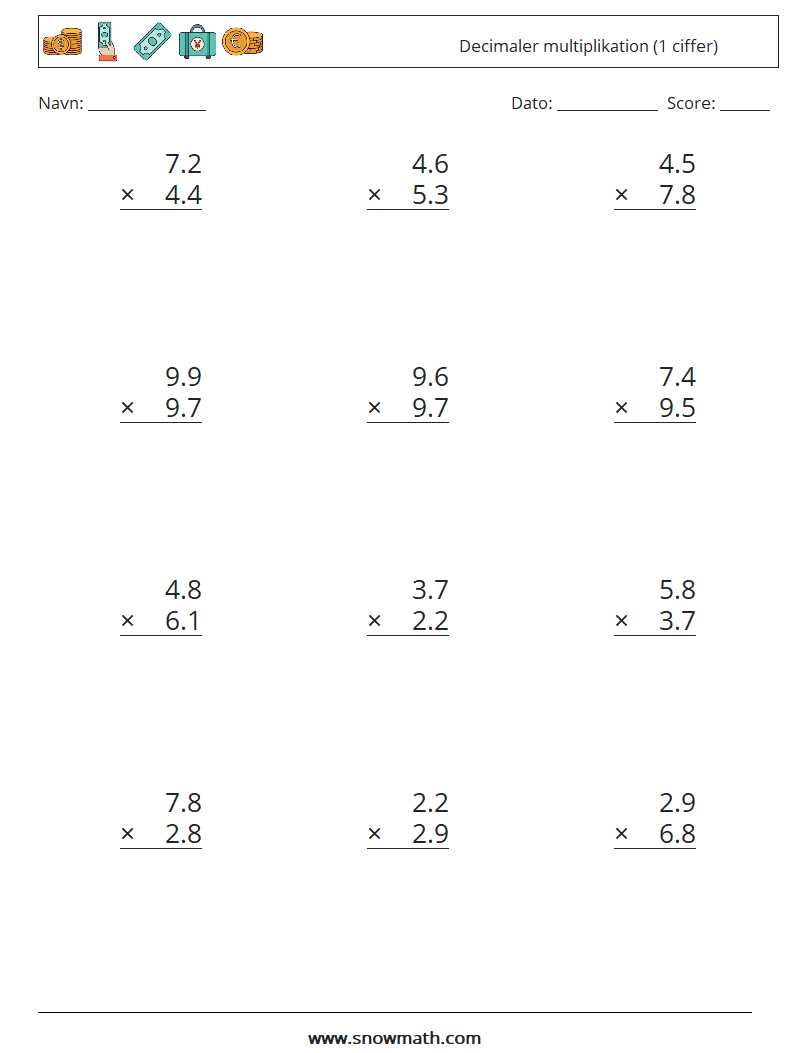 (12) Decimaler multiplikation (1 ciffer) Matematiske regneark 4