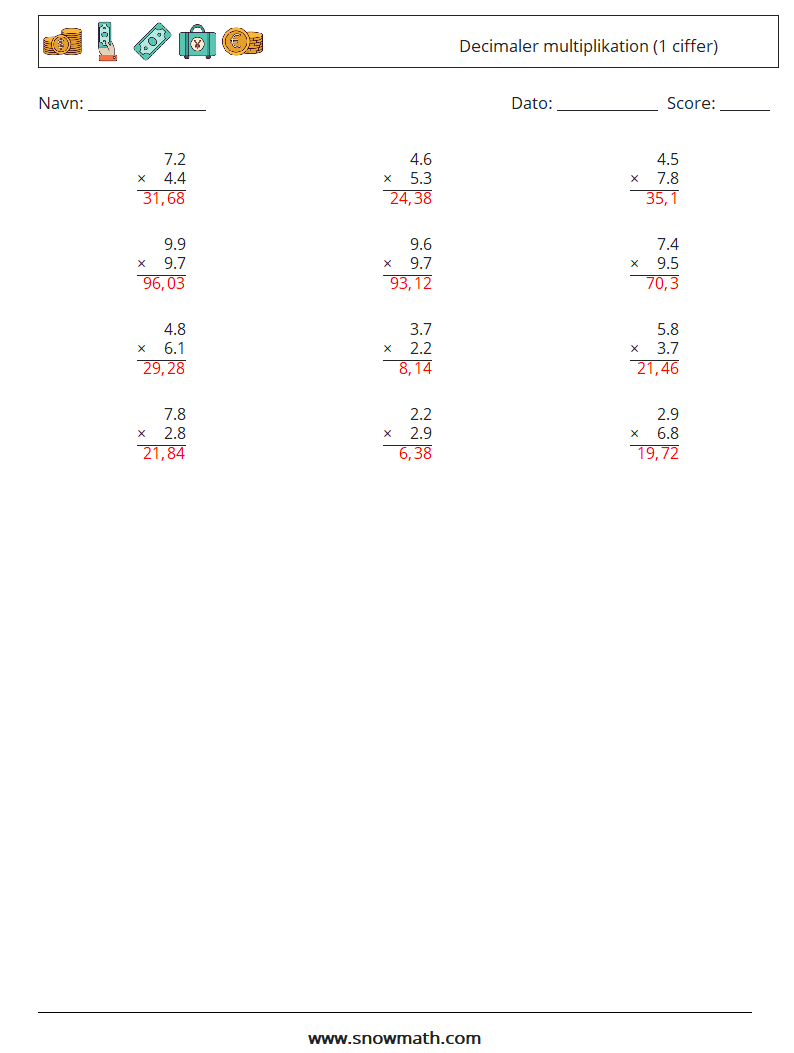 (12) Decimaler multiplikation (1 ciffer) Matematiske regneark 4 Spørgsmål, svar