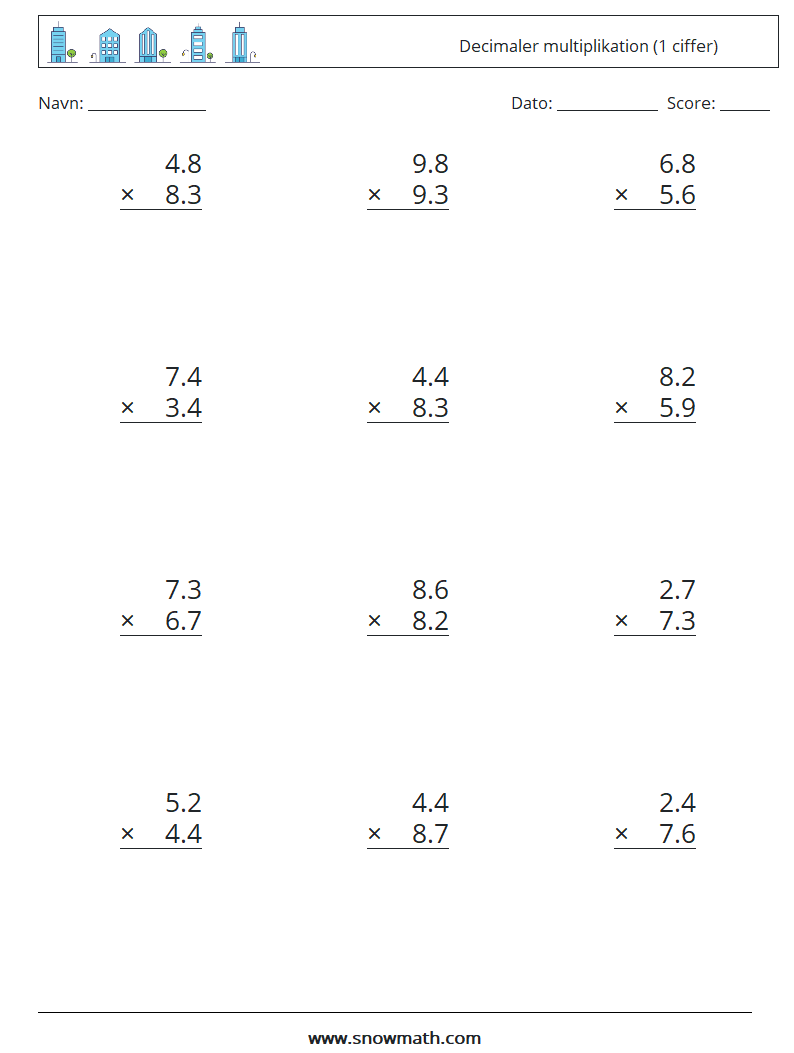 (12) Decimaler multiplikation (1 ciffer) Matematiske regneark 5