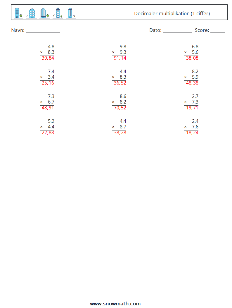 (12) Decimaler multiplikation (1 ciffer) Matematiske regneark 5 Spørgsmål, svar