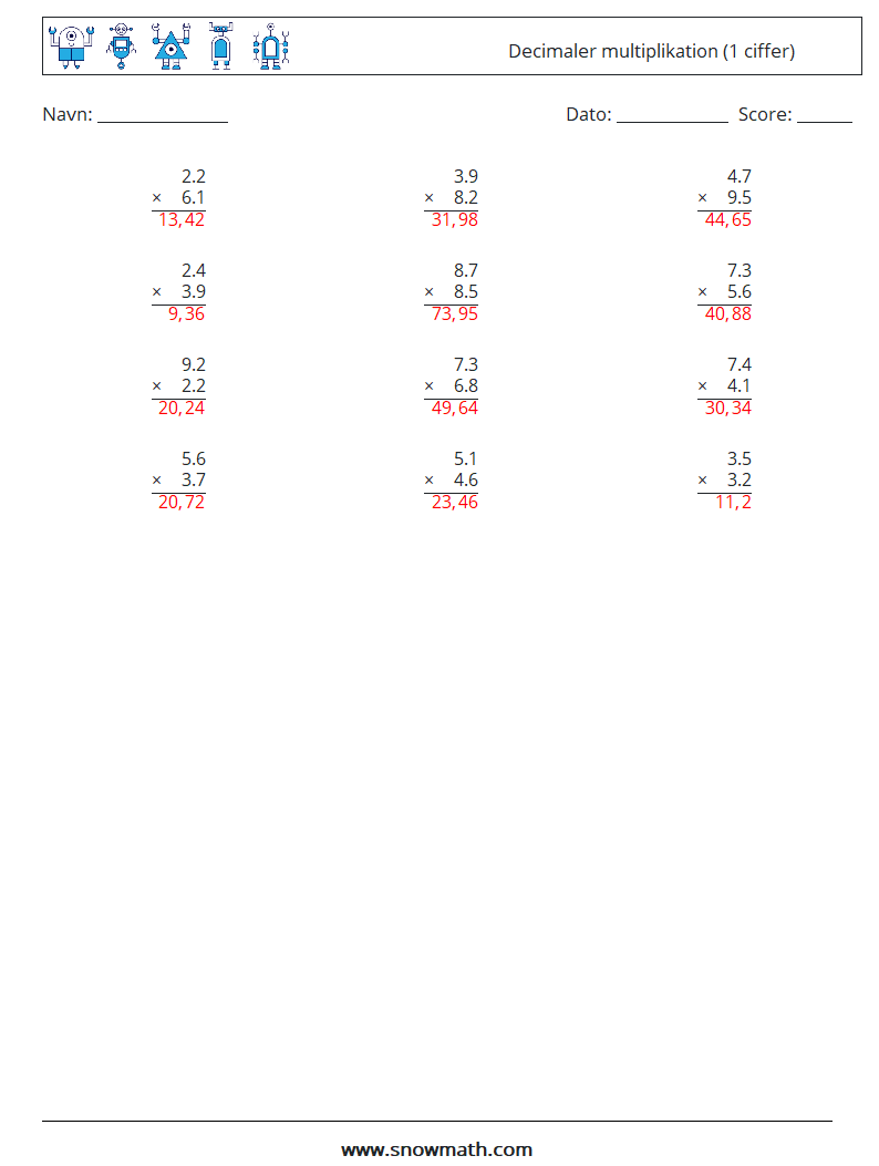 (12) Decimaler multiplikation (1 ciffer) Matematiske regneark 6 Spørgsmål, svar