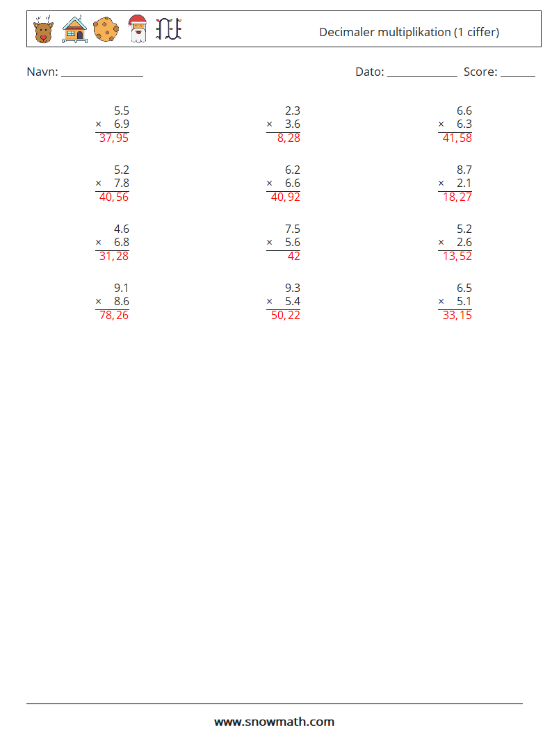 (12) Decimaler multiplikation (1 ciffer) Matematiske regneark 7 Spørgsmål, svar