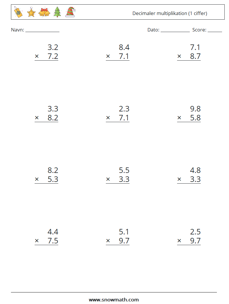 (12) Decimaler multiplikation (1 ciffer) Matematiske regneark 8