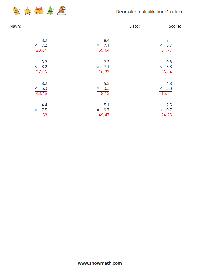 (12) Decimaler multiplikation (1 ciffer) Matematiske regneark 8 Spørgsmål, svar