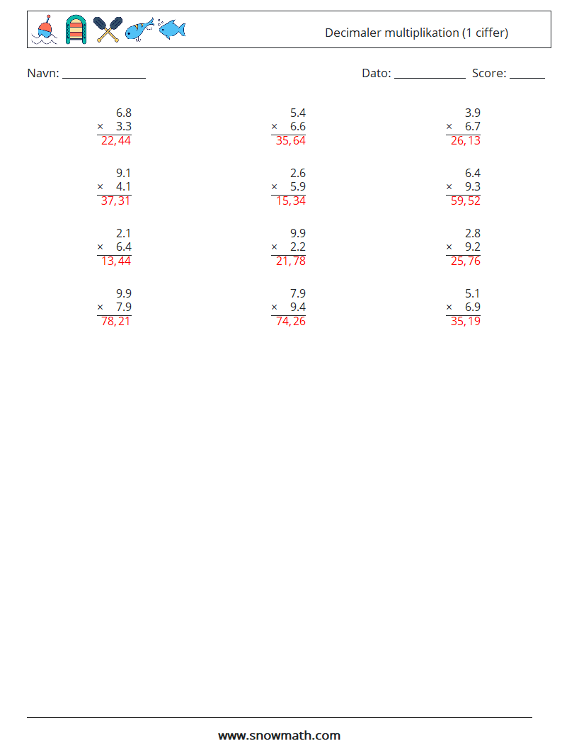 (12) Decimaler multiplikation (1 ciffer) Matematiske regneark 9 Spørgsmål, svar