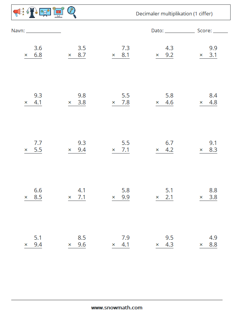 (25) Decimaler multiplikation (1 ciffer) Matematiske regneark 1