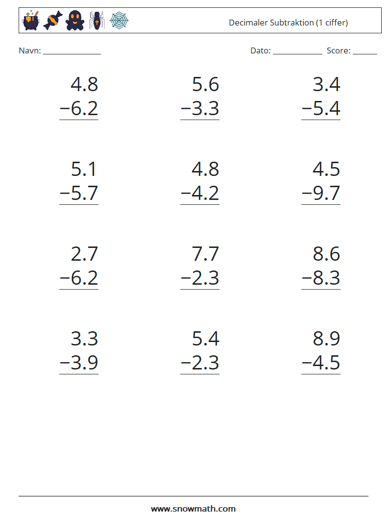 (12) Decimaler Subtraktion (1 ciffer)