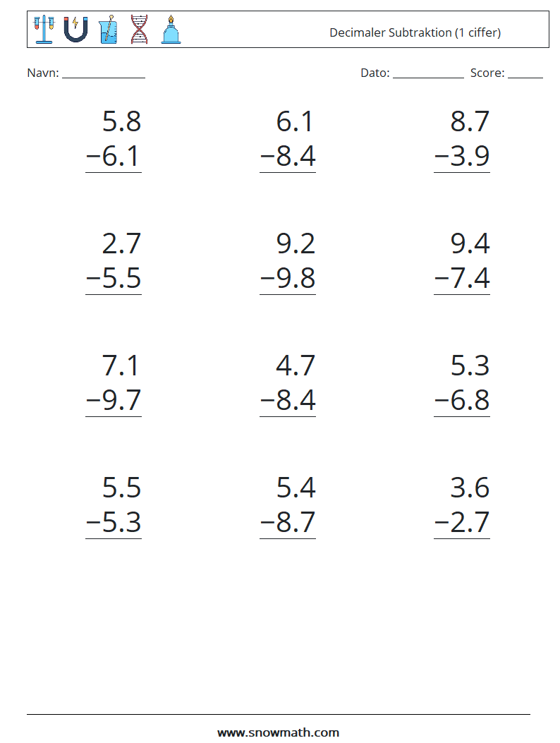 (12) Decimaler Subtraktion (1 ciffer) Matematiske regneark 10