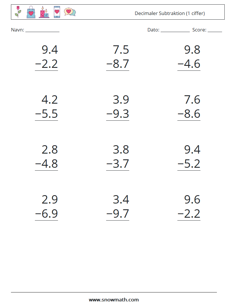 (12) Decimaler Subtraktion (1 ciffer) Matematiske regneark 11