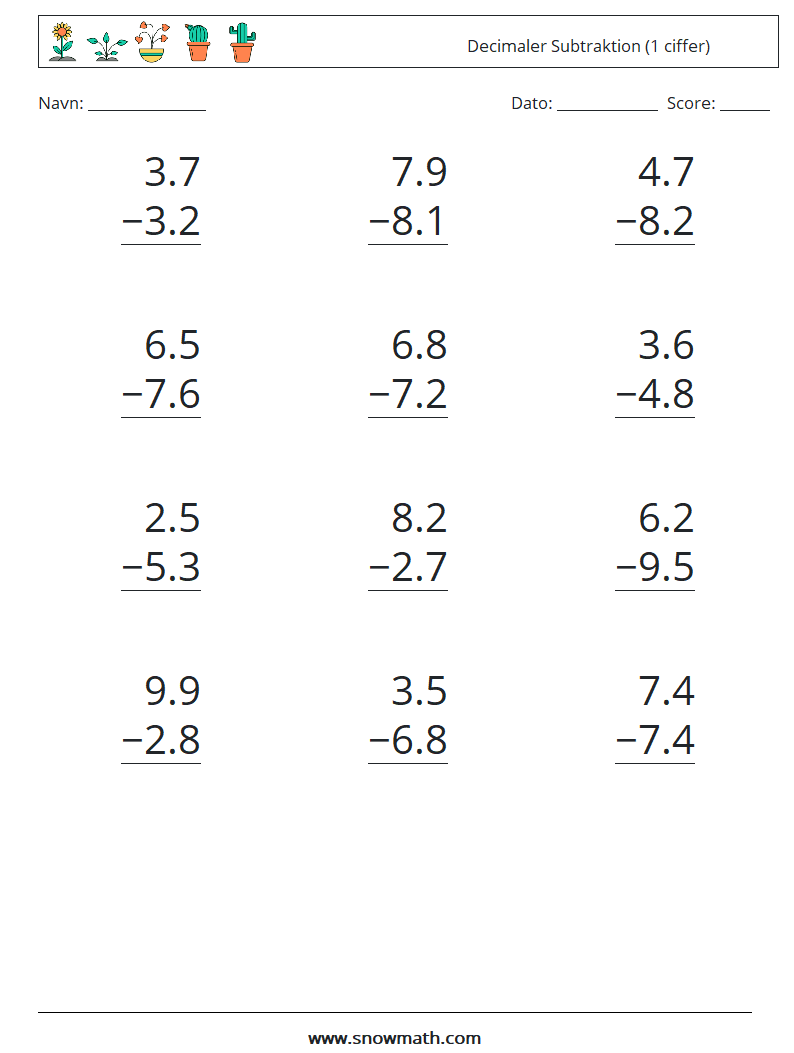 (12) Decimaler Subtraktion (1 ciffer) Matematiske regneark 12