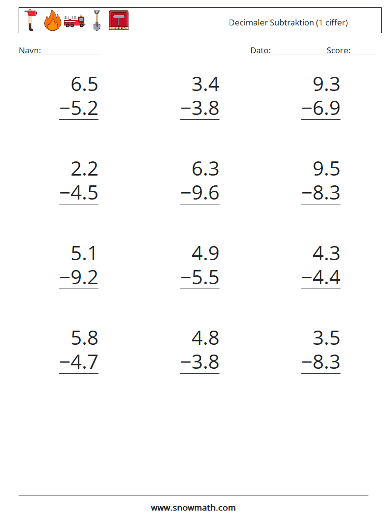 (12) Decimaler Subtraktion (1 ciffer) Matematiske regneark 13