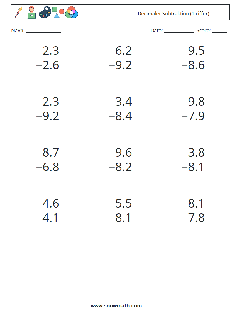 (12) Decimaler Subtraktion (1 ciffer) Matematiske regneark 15