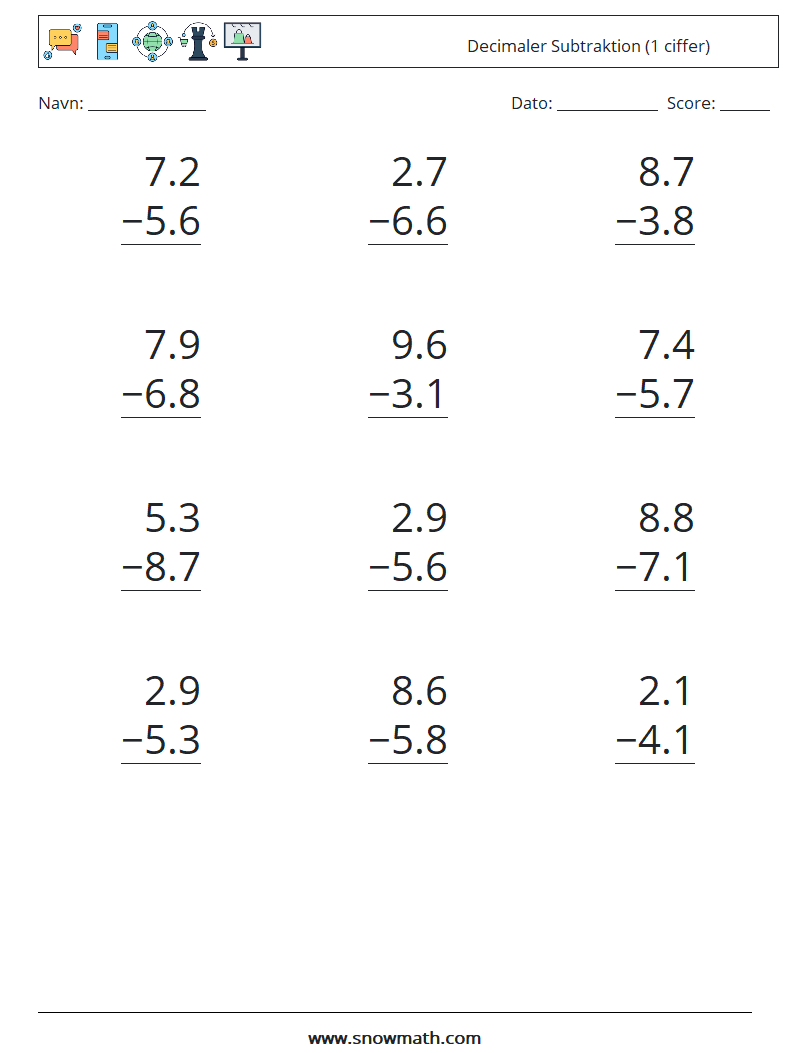 (12) Decimaler Subtraktion (1 ciffer) Matematiske regneark 16