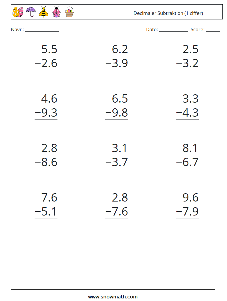 (12) Decimaler Subtraktion (1 ciffer) Matematiske regneark 17