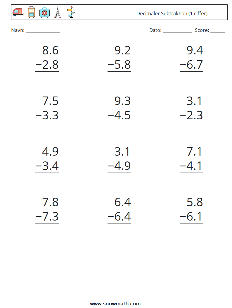 (12) Decimaler Subtraktion (1 ciffer) Matematiske regneark 18