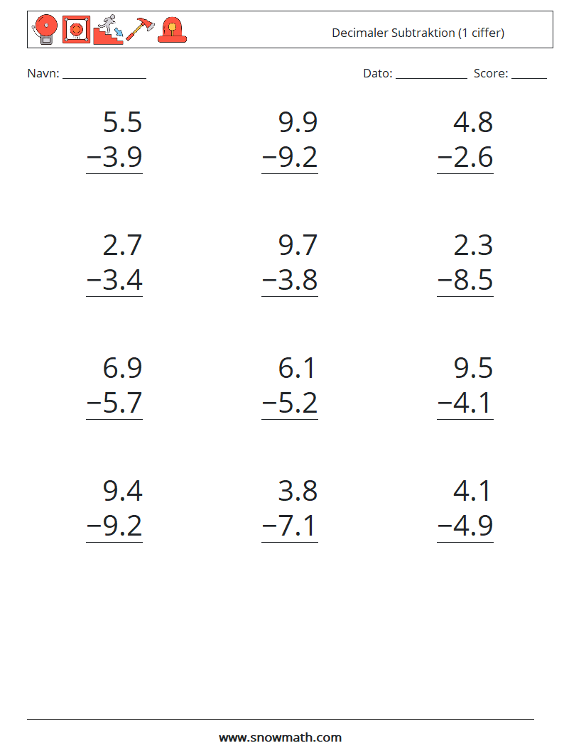 (12) Decimaler Subtraktion (1 ciffer) Matematiske regneark 3