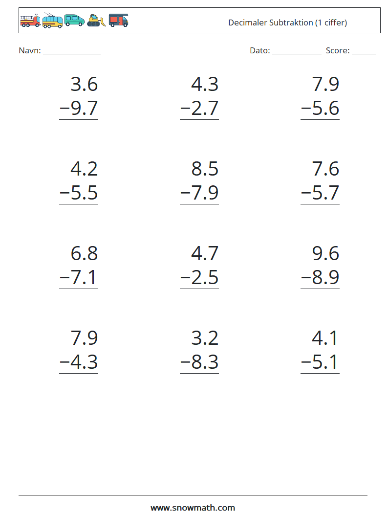 (12) Decimaler Subtraktion (1 ciffer) Matematiske regneark 4