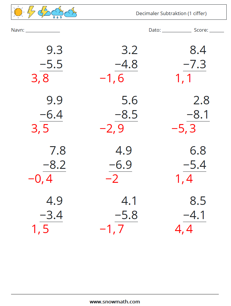 (12) Decimaler Subtraktion (1 ciffer) Matematiske regneark 8 Spørgsmål, svar