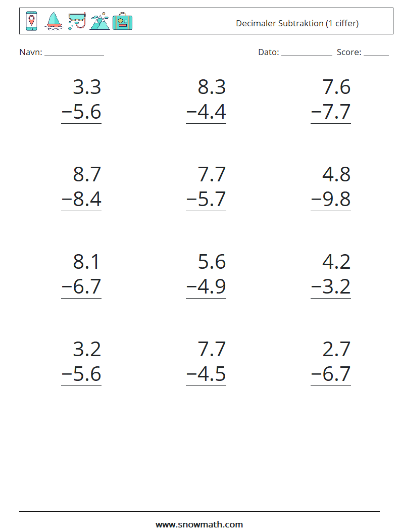 (12) Decimaler Subtraktion (1 ciffer) Matematiske regneark 9