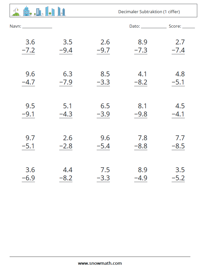 (25) Decimaler Subtraktion (1 ciffer) Matematiske regneark 1