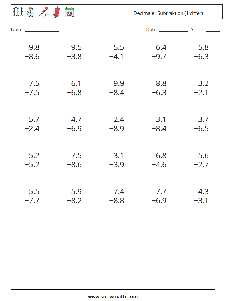 (25) Decimaler Subtraktion (1 ciffer) Matematiske regneark 10