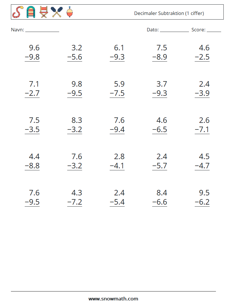 (25) Decimaler Subtraktion (1 ciffer) Matematiske regneark 11