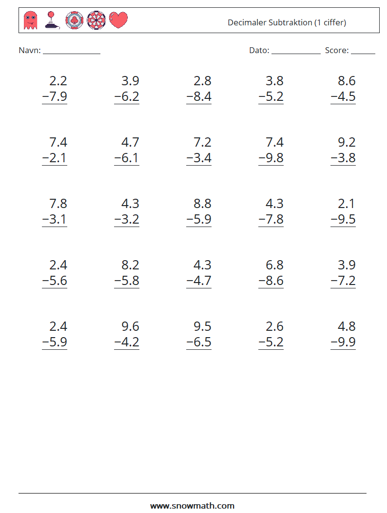 (25) Decimaler Subtraktion (1 ciffer) Matematiske regneark 12