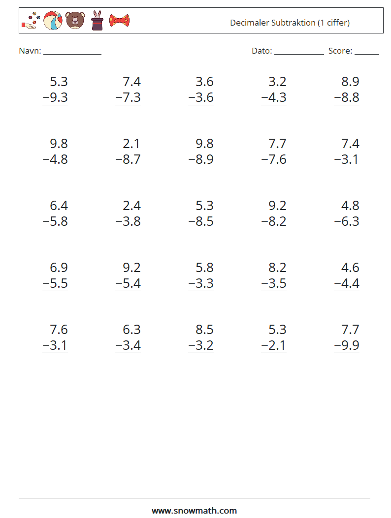 (25) Decimaler Subtraktion (1 ciffer) Matematiske regneark 14