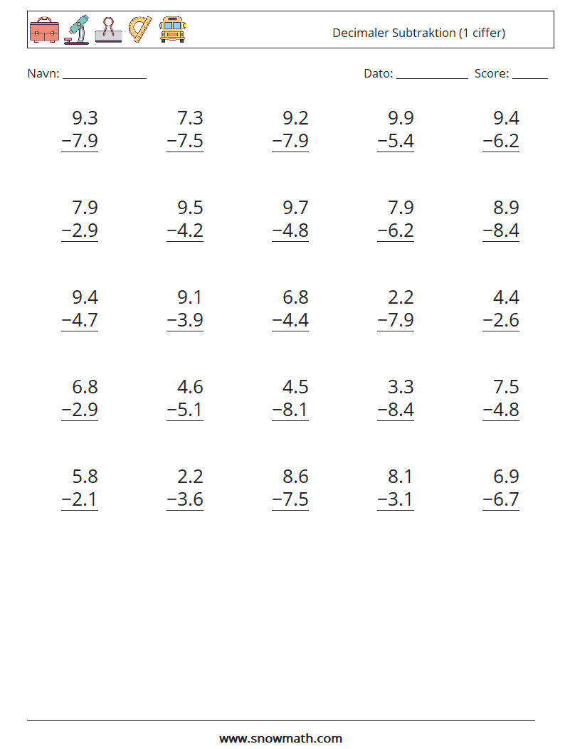 (25) Decimaler Subtraktion (1 ciffer) Matematiske regneark 15