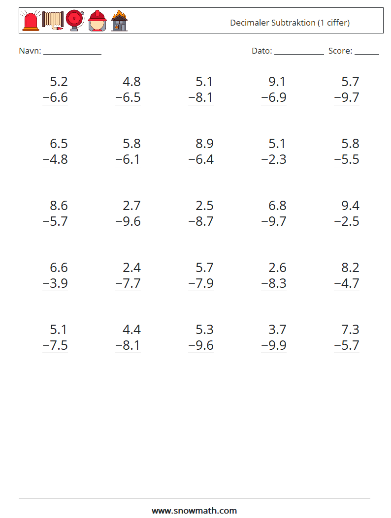 (25) Decimaler Subtraktion (1 ciffer) Matematiske regneark 17