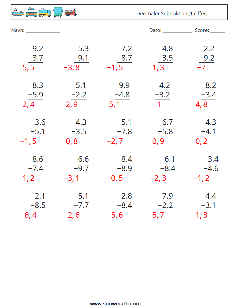 (25) Decimaler Subtraktion (1 ciffer) Matematiske regneark 2 Spørgsmål, svar
