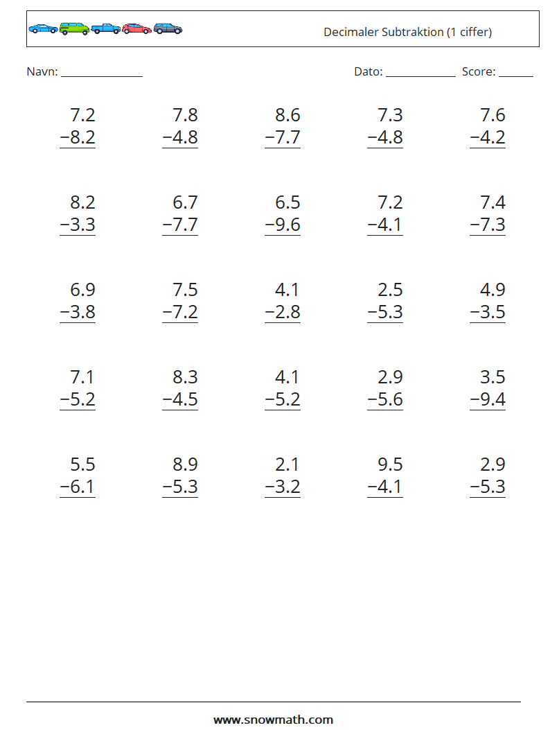 (25) Decimaler Subtraktion (1 ciffer) Matematiske regneark 3