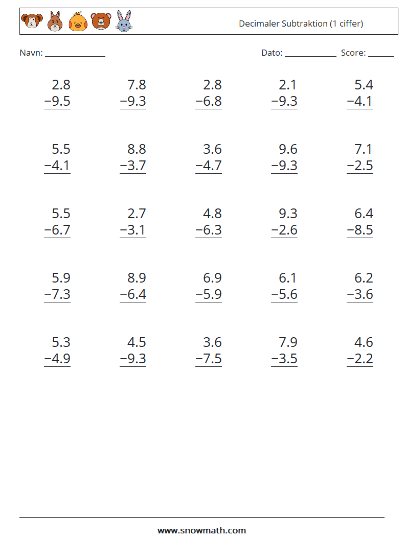 (25) Decimaler Subtraktion (1 ciffer) Matematiske regneark 4