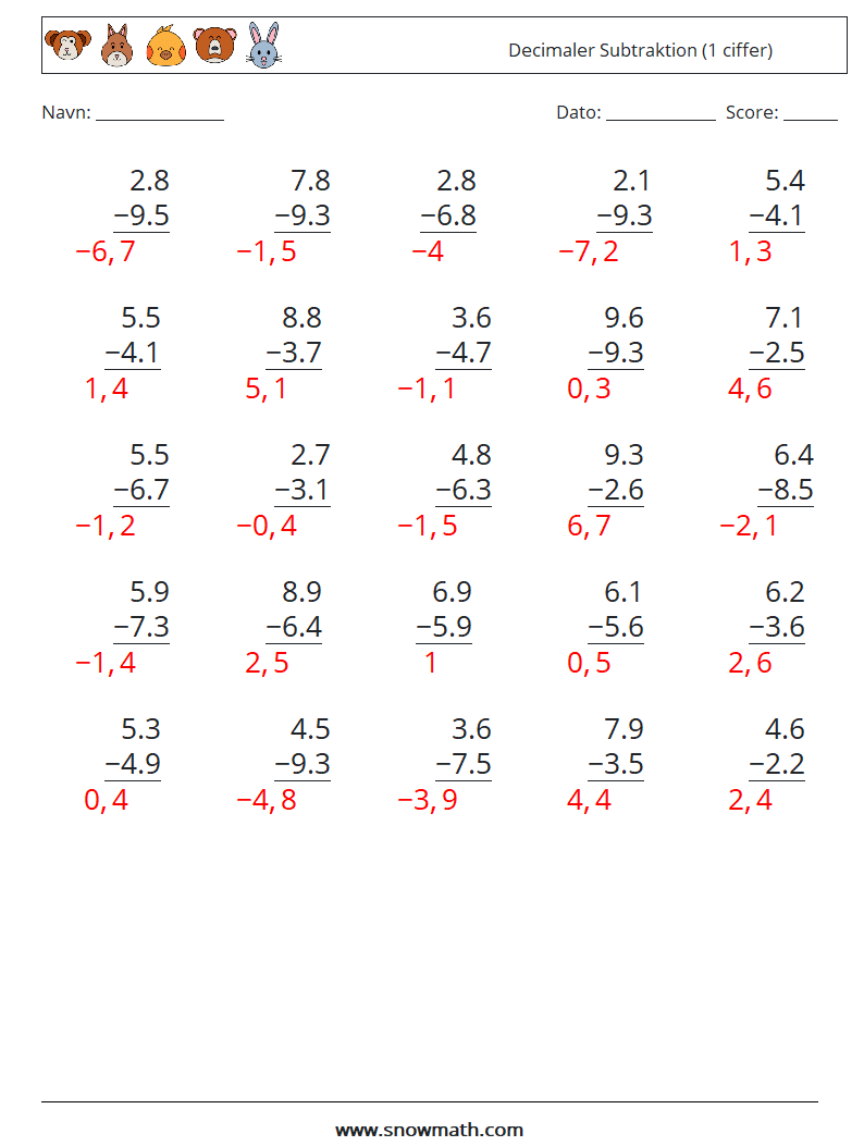 (25) Decimaler Subtraktion (1 ciffer) Matematiske regneark 4 Spørgsmål, svar