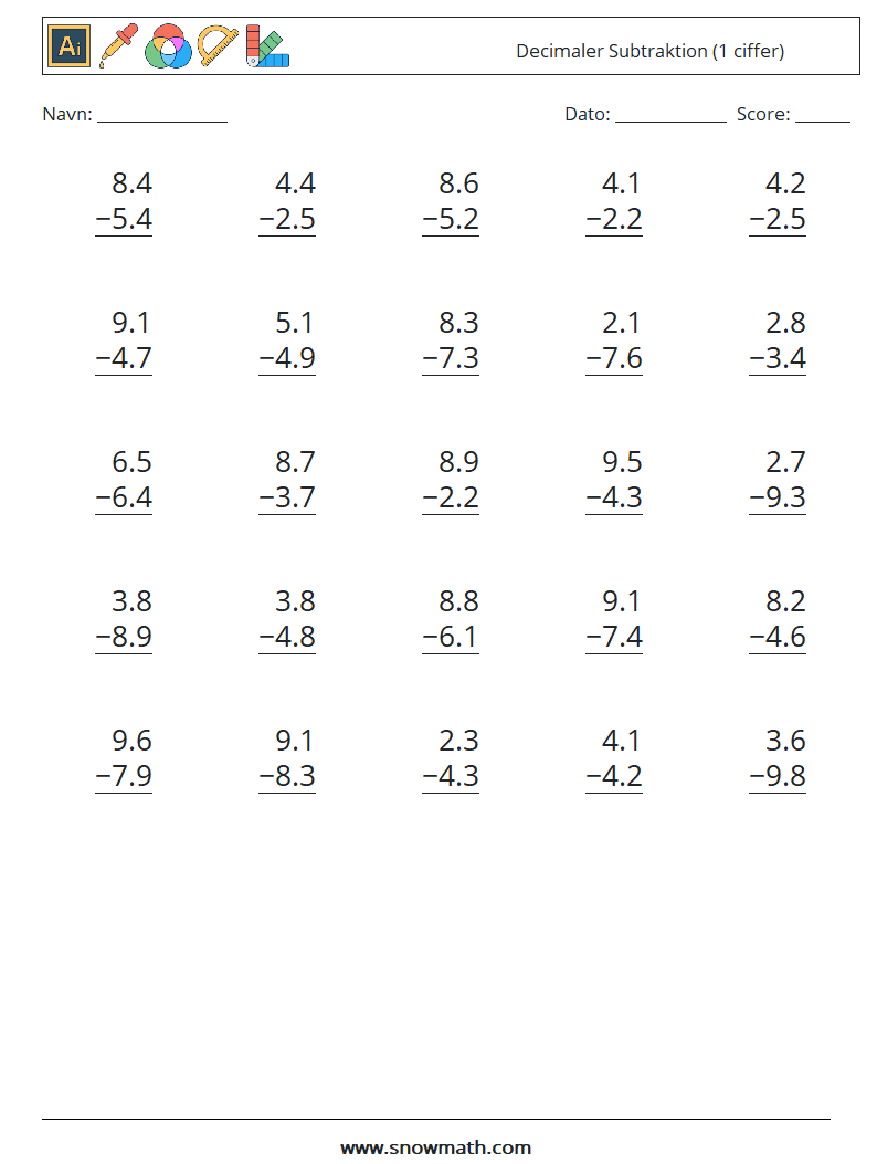 (25) Decimaler Subtraktion (1 ciffer) Matematiske regneark 5