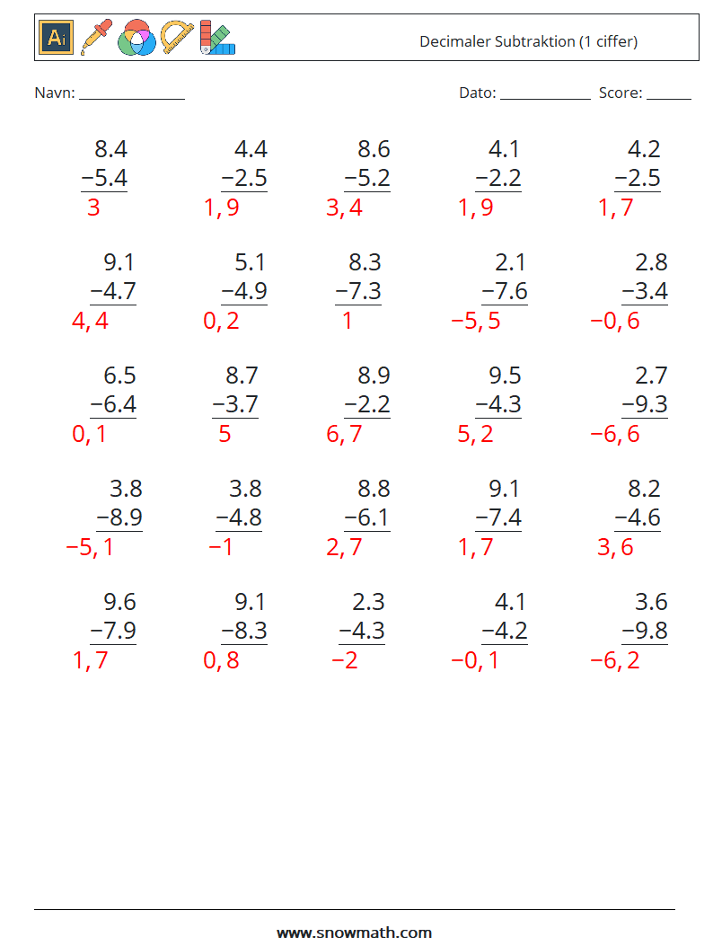 (25) Decimaler Subtraktion (1 ciffer) Matematiske regneark 5 Spørgsmål, svar