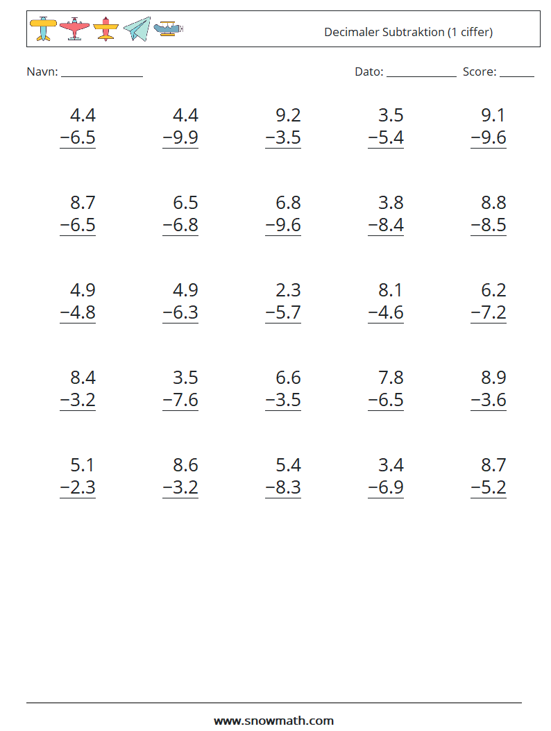 (25) Decimaler Subtraktion (1 ciffer) Matematiske regneark 6