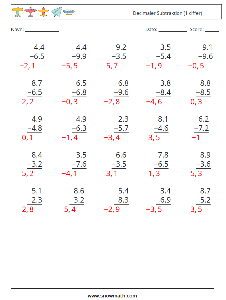 (25) Decimaler Subtraktion (1 ciffer) Matematiske regneark 6 Spørgsmål, svar