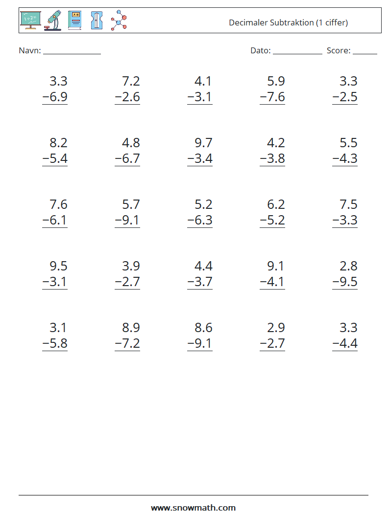(25) Decimaler Subtraktion (1 ciffer) Matematiske regneark 7