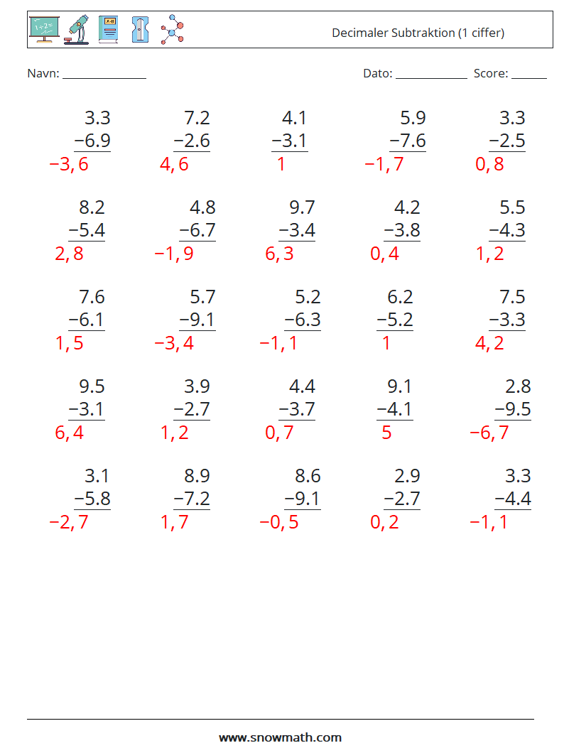 (25) Decimaler Subtraktion (1 ciffer) Matematiske regneark 7 Spørgsmål, svar