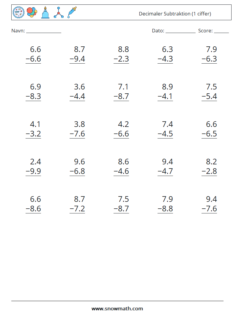 (25) Decimaler Subtraktion (1 ciffer) Matematiske regneark 8