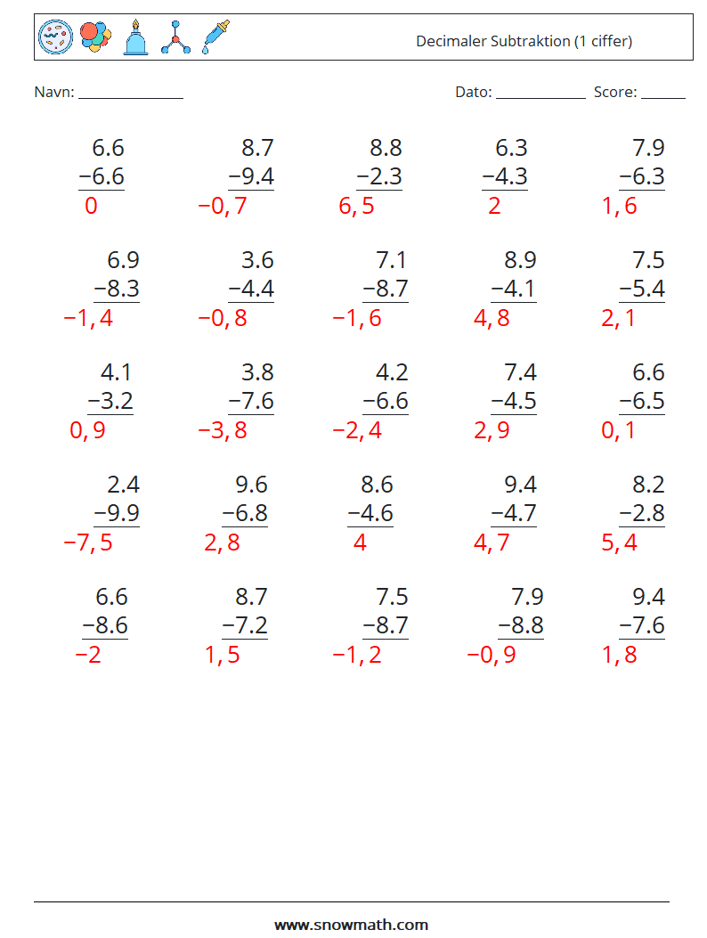 (25) Decimaler Subtraktion (1 ciffer) Matematiske regneark 8 Spørgsmål, svar