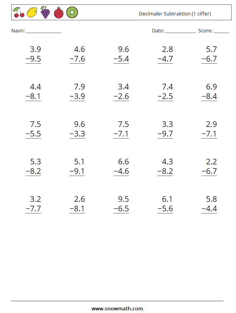 (25) Decimaler Subtraktion (1 ciffer) Matematiske regneark 9