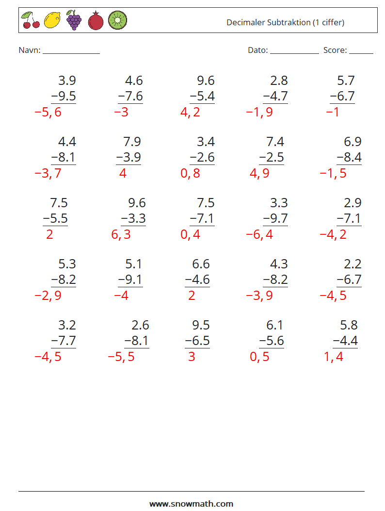 (25) Decimaler Subtraktion (1 ciffer) Matematiske regneark 9 Spørgsmål, svar