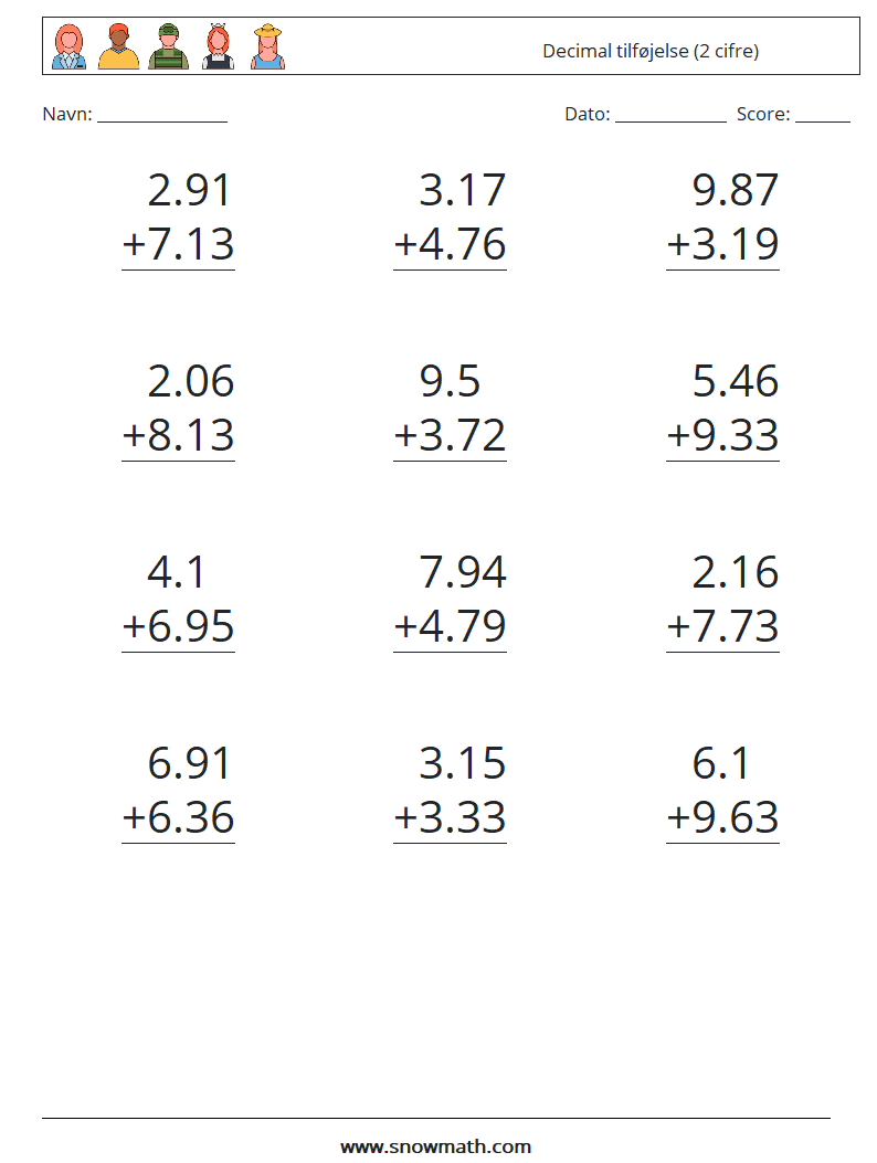 (12) Decimal tilføjelse (2 cifre) Matematiske regneark 1