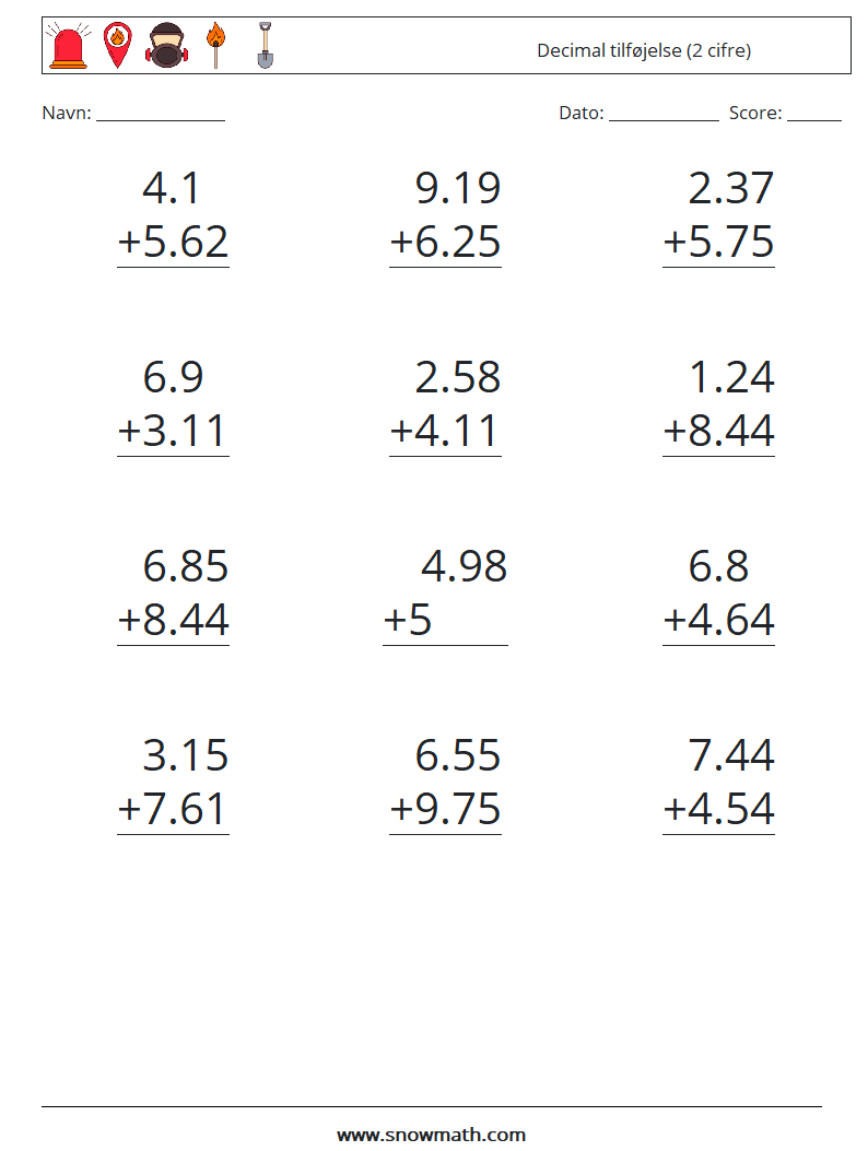 (12) Decimal tilføjelse (2 cifre) Matematiske regneark 10