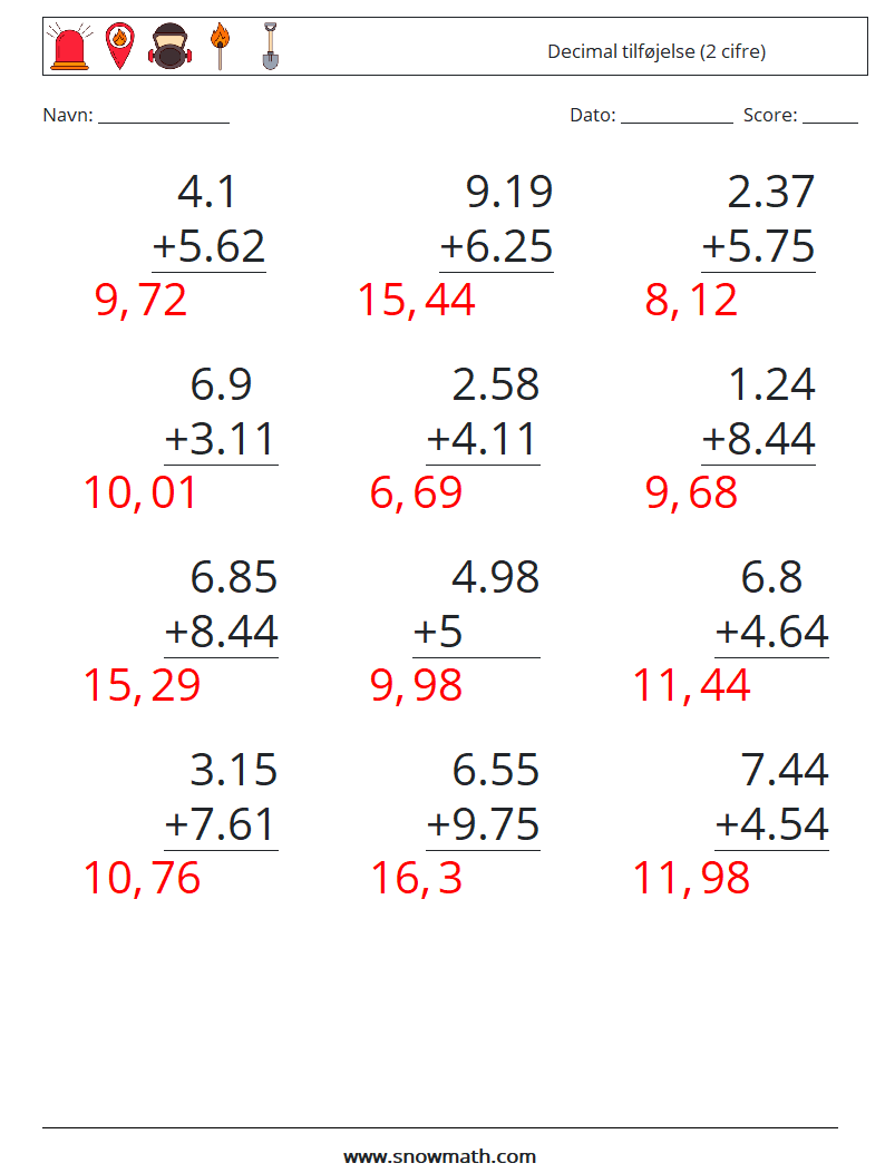 (12) Decimal tilføjelse (2 cifre) Matematiske regneark 10 Spørgsmål, svar