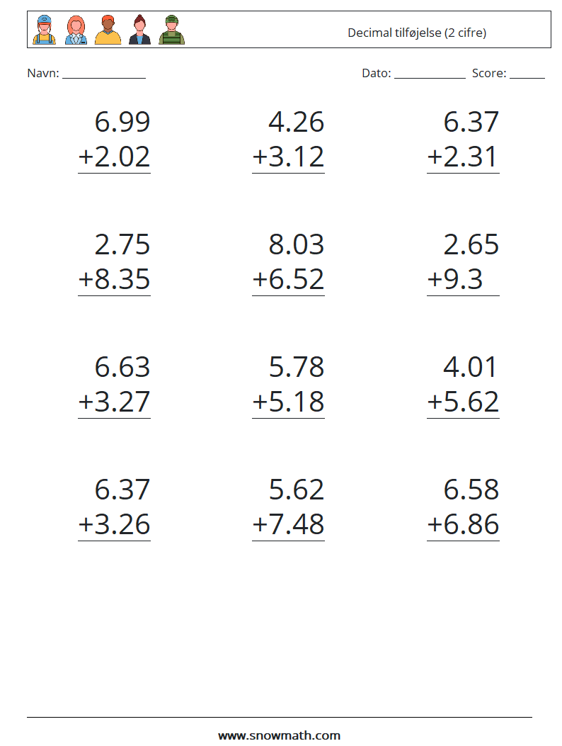 (12) Decimal tilføjelse (2 cifre) Matematiske regneark 11