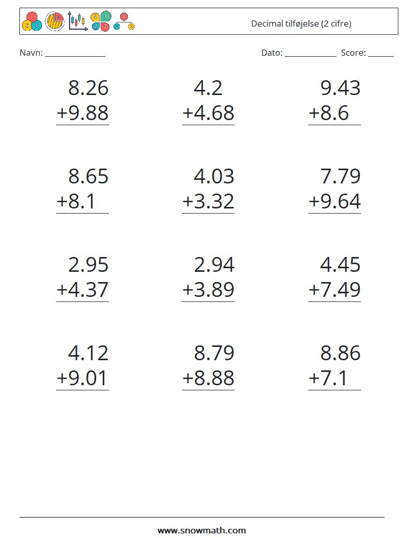 (12) Decimal tilføjelse (2 cifre) Matematiske regneark 12